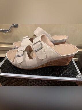Women's Beige Double-Buckle Wedge Mules